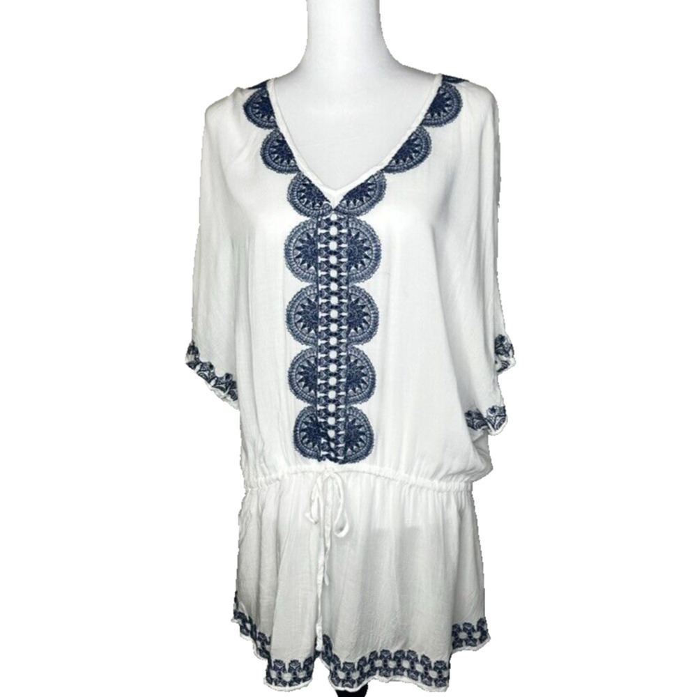 Stella & Dot Beach White Embroidered Boho Peasant Tunic Womens Size Medium M